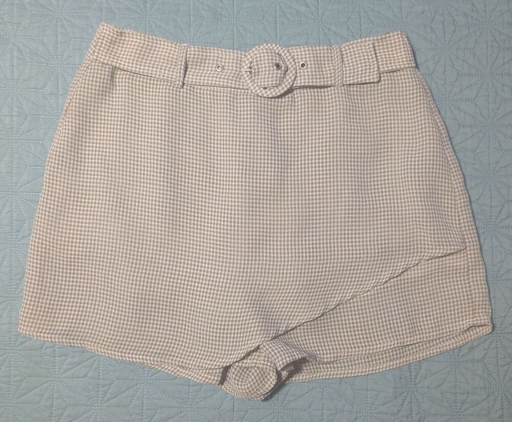 Lulus Lined Mini Skirt Skort Sz S Beige Houndstooth Belted Preppy Light Zipper